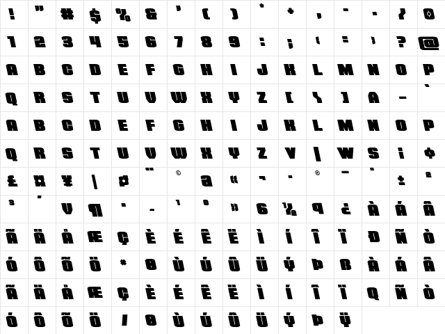 Elephant Gun Leftalic Regular  glyph index