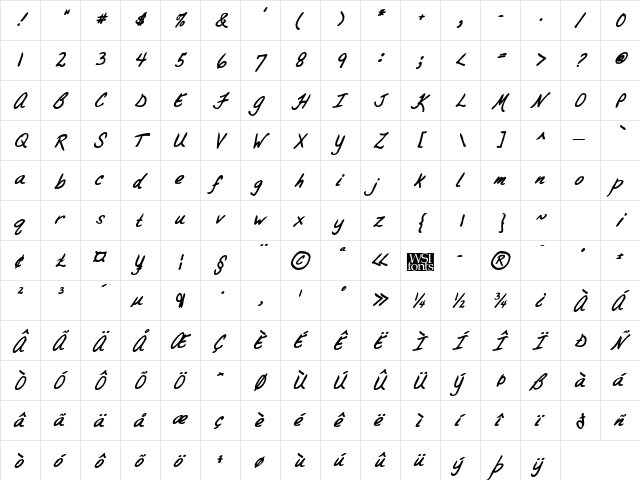 BrandysHand Bold Italic  glyph index