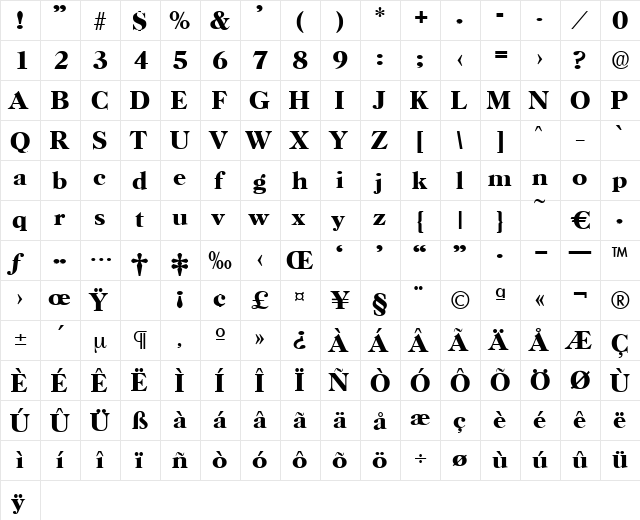 Horsham-DemiBold Regular  glyph index