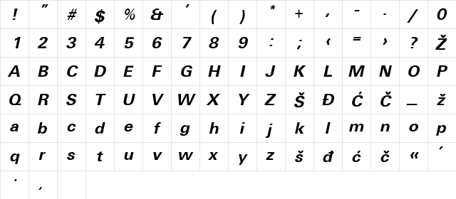 Universans650_PP Bold  glyph index