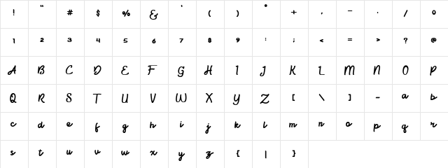 Bright beauty Regular  glyph index