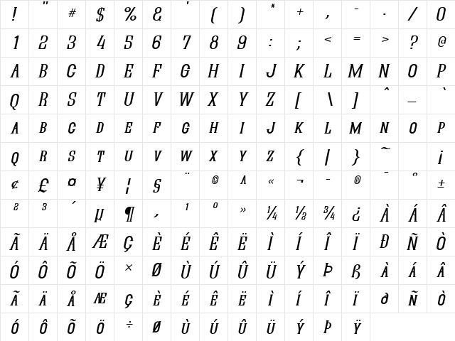 Quastic Kaps Italic  glyph index