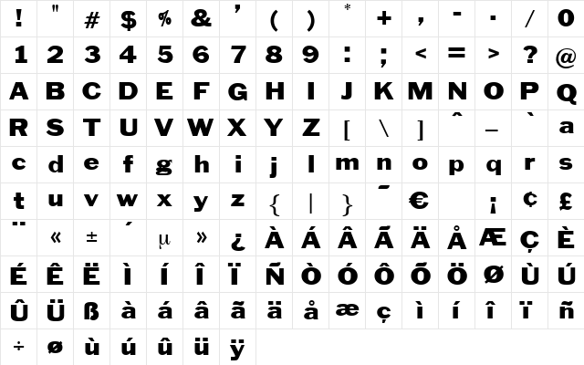 BenjaminGothicWide Regular  glyph index