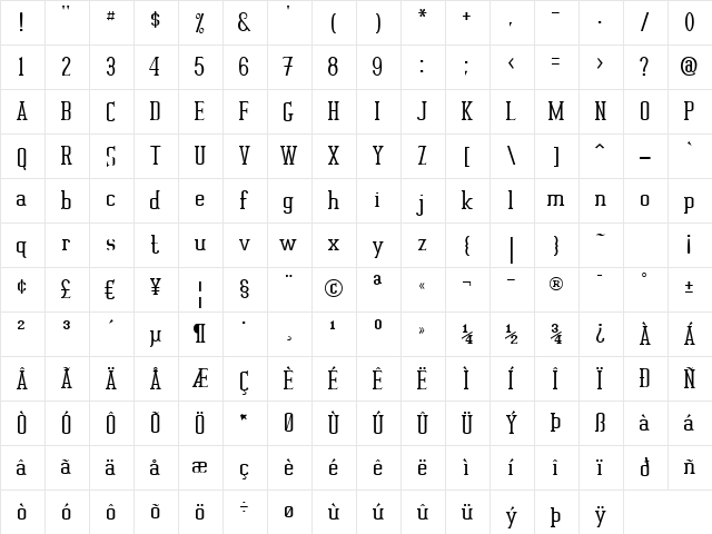 Rutager Regular  glyph index