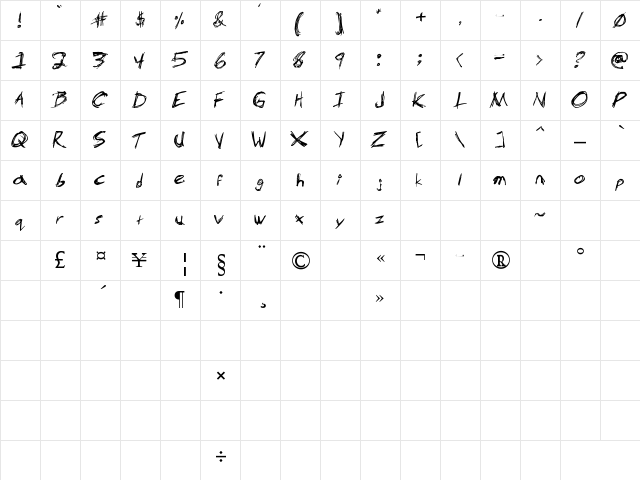 MS-Scratch Regular  glyph index