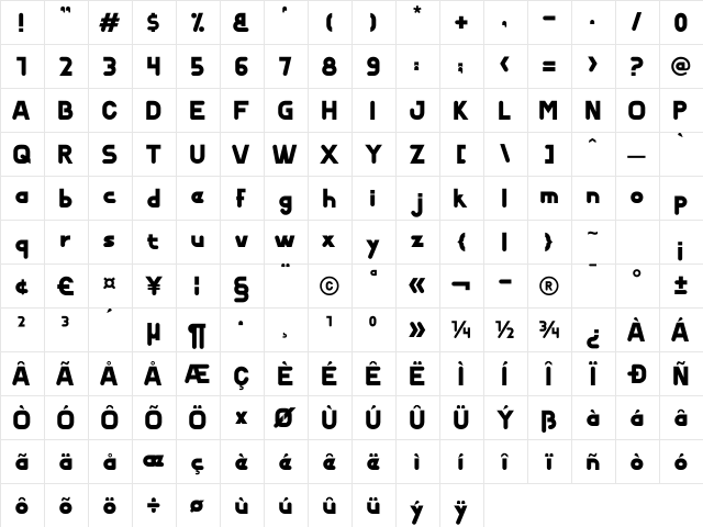 Neonix Regular  glyph index