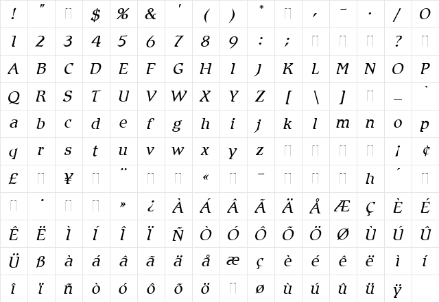Romic Light Italic Regular  glyph index