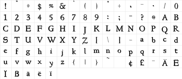 NewStyle Embossed Regular  glyph index