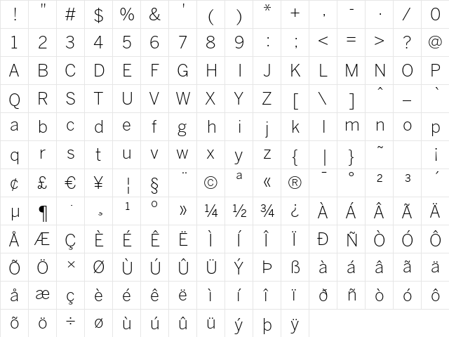 BentonSans Light Regular  glyph index