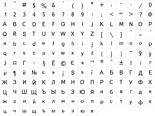 TextBook Regular  glyph index