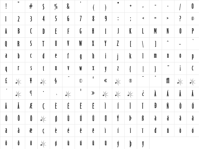 Lafayette ExtraCondensed  glyph index