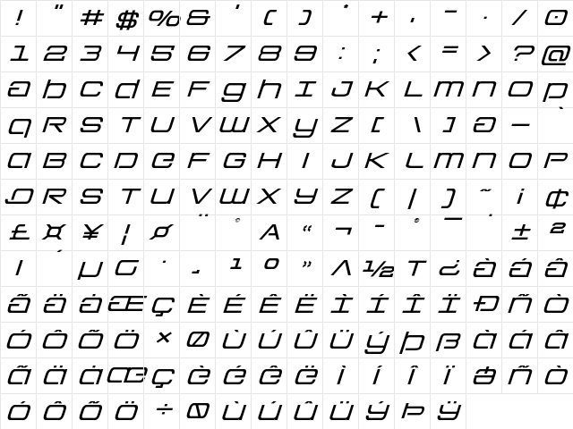 Colony Marines Expanded Italic Expanded Italic  glyph index