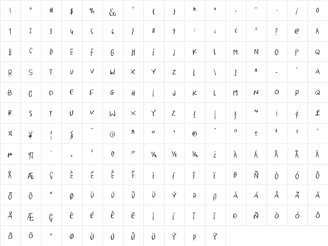 Pigeon Wing DEMO Regular  glyph index