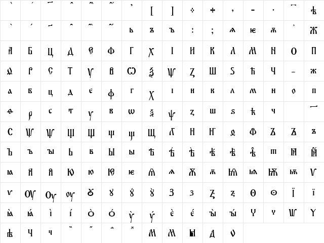 Slovo Regular  glyph index