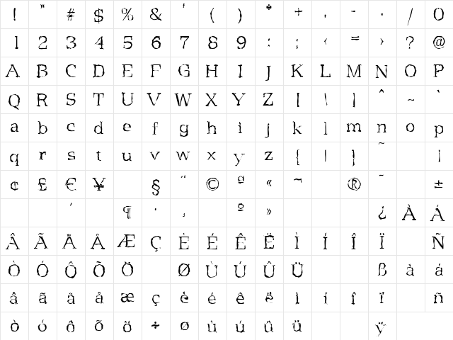 MartinBeckerRandom-Xlight Regular  glyph index