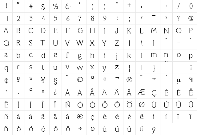 Veracruz-Serial-ExtraLight Regular  glyph index