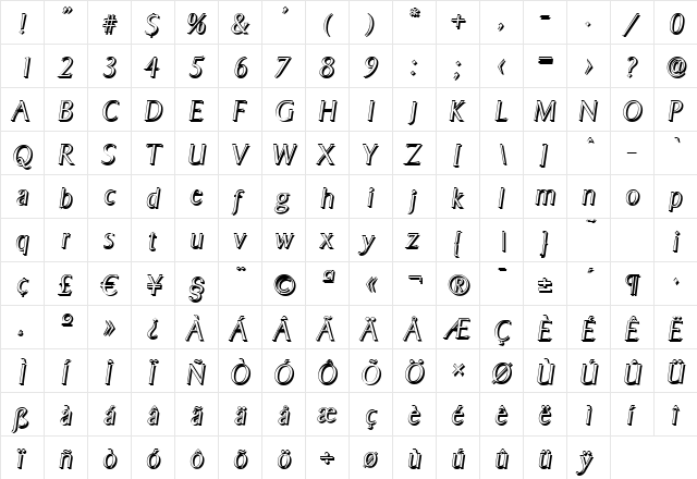 BruceBeckerShadow-Xlight Italic  glyph index