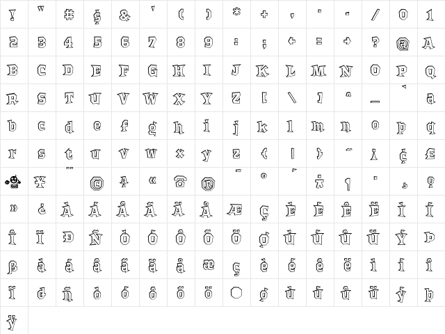 Bordello Regular  glyph index