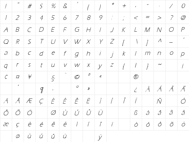 Presence 15 Italic  glyph index