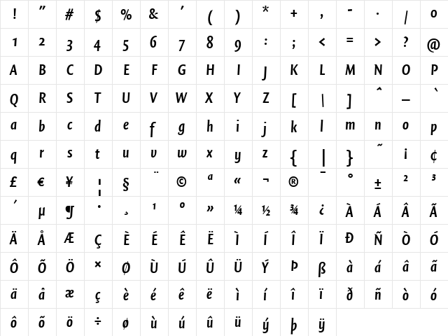 QuadraatSansCon Bold Italic  glyph index