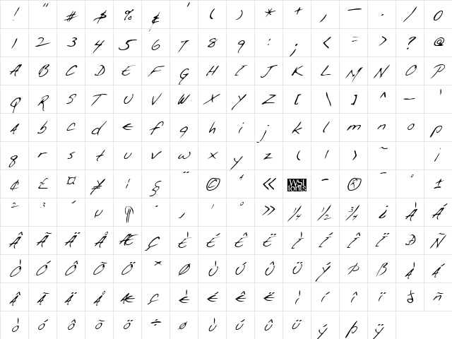 GiffordsHand Italic  glyph index