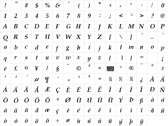 Palisade Bold Italic  glyph index