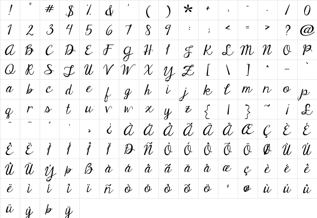 Janda Elegant Handwriting Regular  glyph index