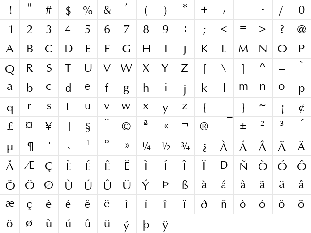 Ottawa Regular  glyph index