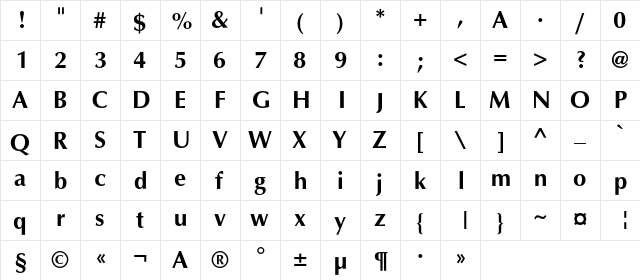 AGOpusC Bold  glyph index