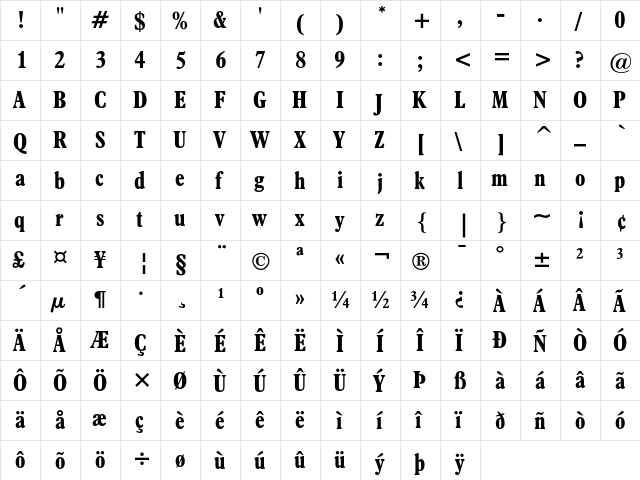 Aldine 721 Bold Condensed  glyph index