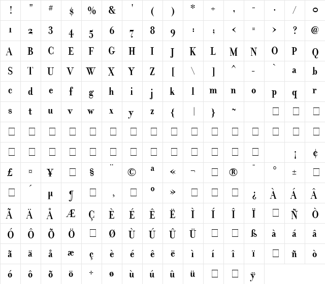 FilosofiaGrandBold Grand Bold  glyph index