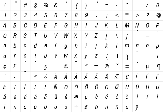 HelmetCondensed BoldItalic  glyph index