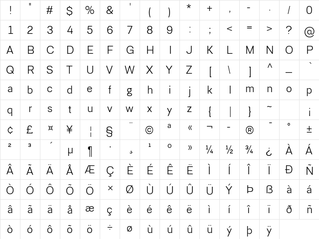 Berka Light  glyph index