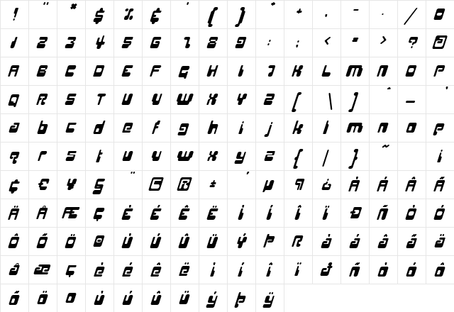 Hiro Italic  glyph index