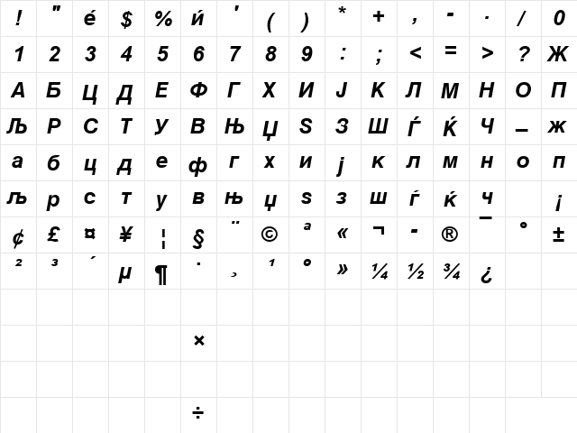Macedonian Helv Bold Italic  glyph index
