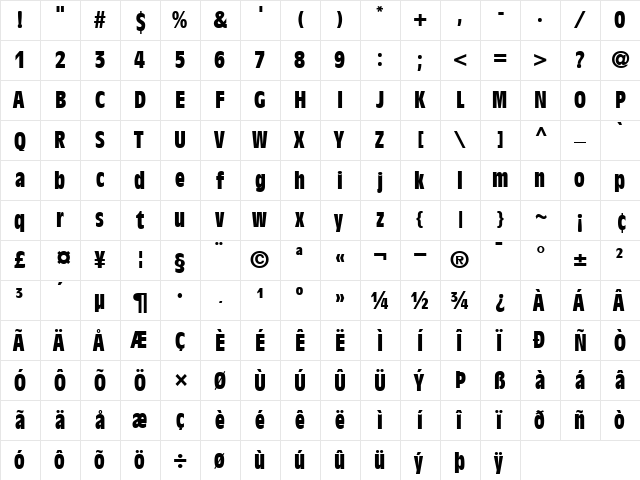 AntiqueOlive BoldCond  glyph index