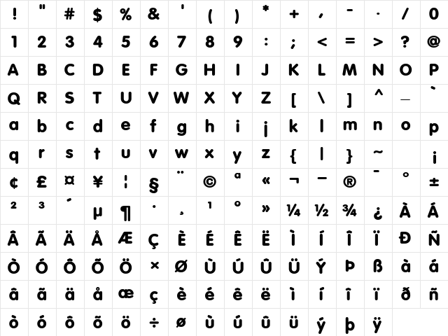 CorporateRoundedExtraBold Regular  glyph index