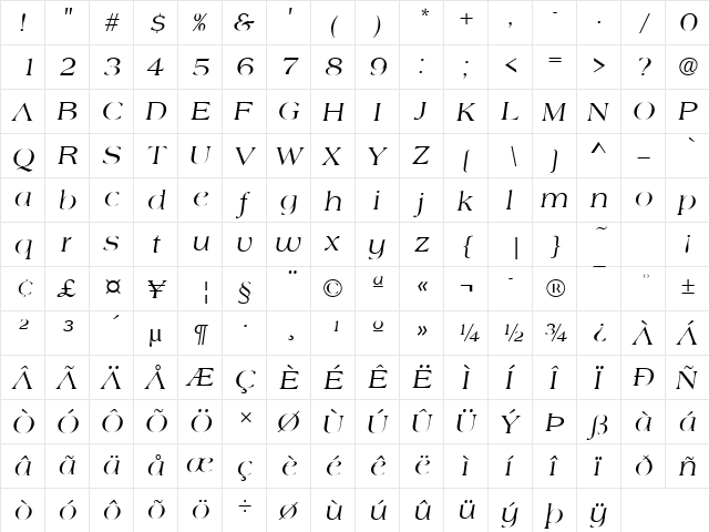 Americana Becker Italic  glyph index