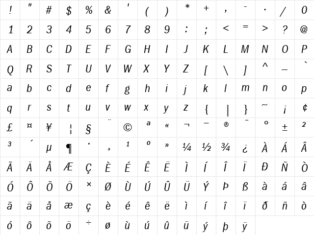 ITCFranklinGothic-CondensedBook BookItalic  glyph index