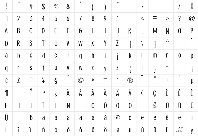 ParallaxGroteskCondSSK Regular  glyph index