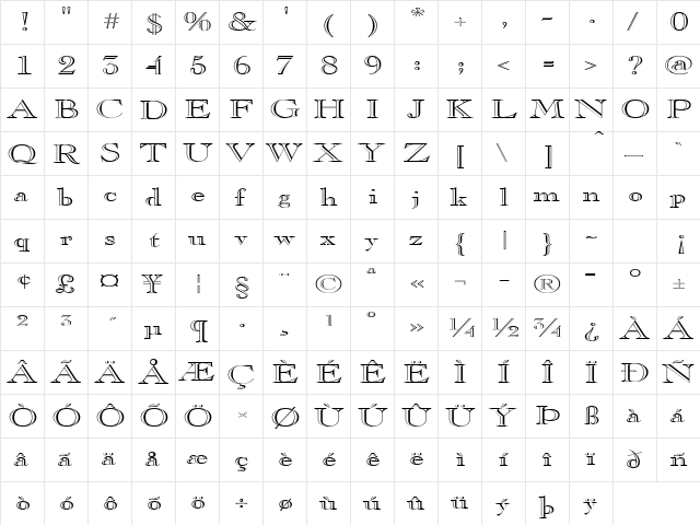 GravureExtended Regular  glyph index