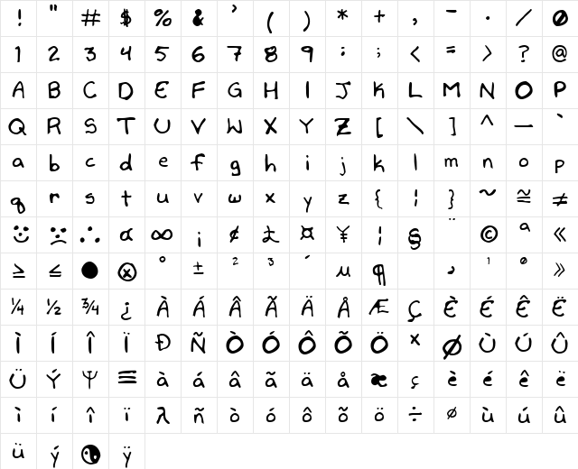 DaveType Handwriting  glyph index