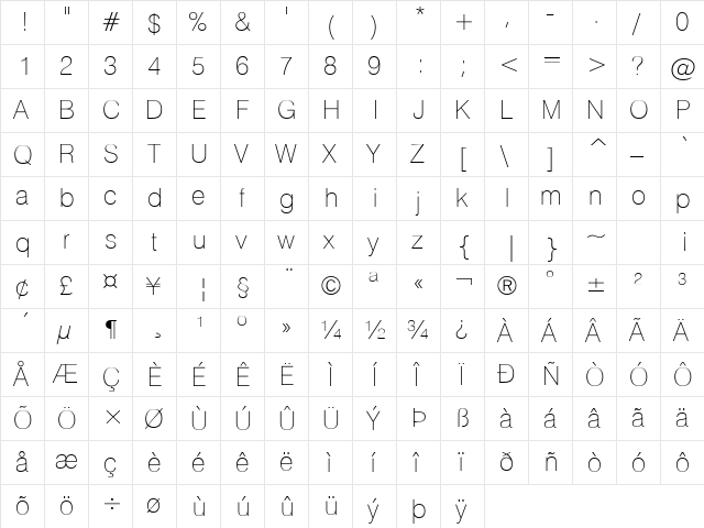 HailstenThin Regular  glyph index