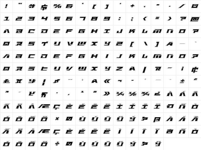 War Machine Academy Italic  glyph index
