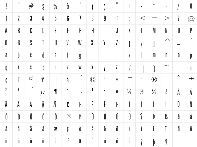 Zurich Light  glyph index