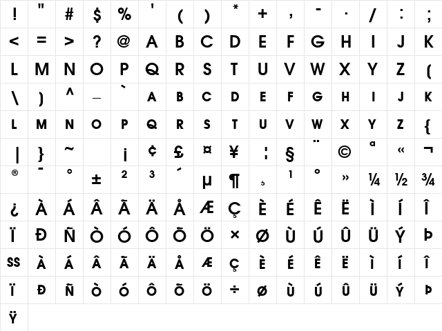 Avant Garde SC Demi  glyph index