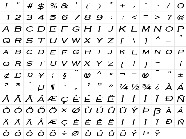 Engraver-Extended Italic  glyph index