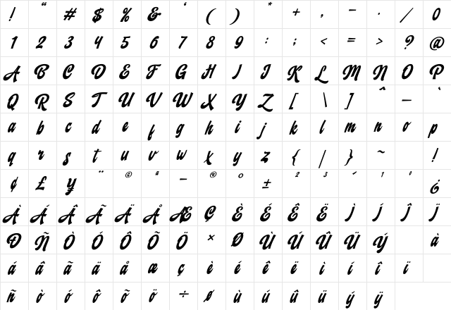 Backstranger Italic  glyph index