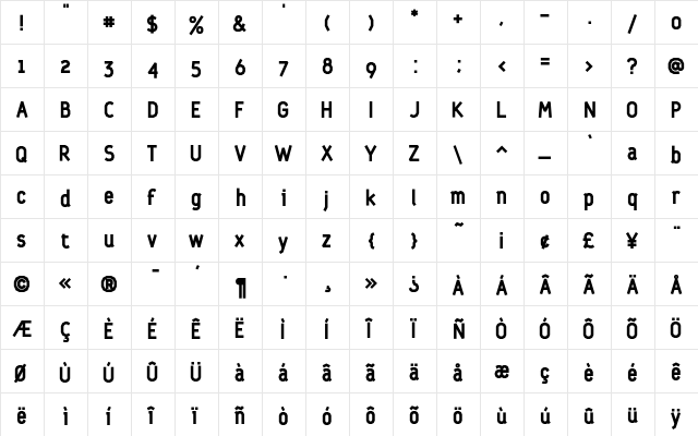 Dubius Bold  glyph index