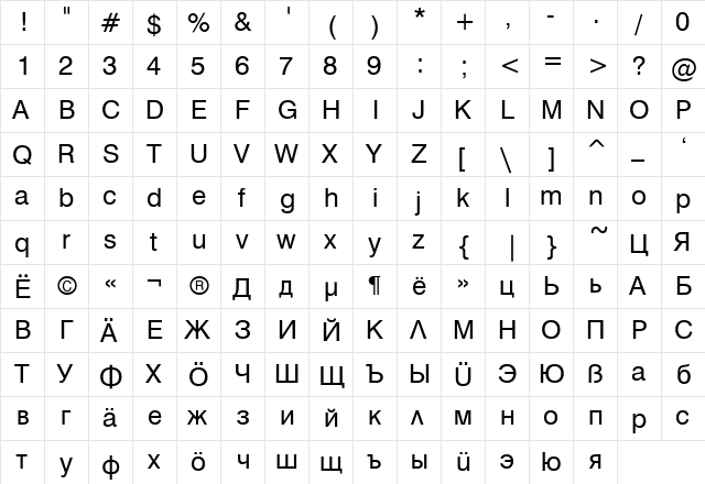 Hebar 02 Regular  glyph index
